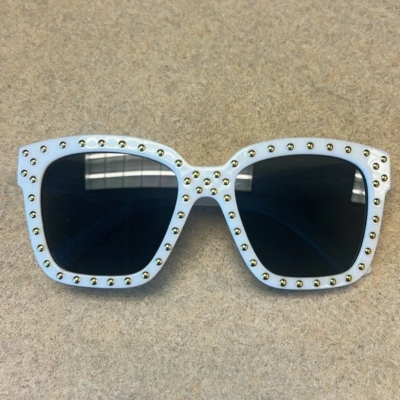 Greeksglasses White oversized sunglasses gold studs around frame, black lenses - Picture 2 of 7